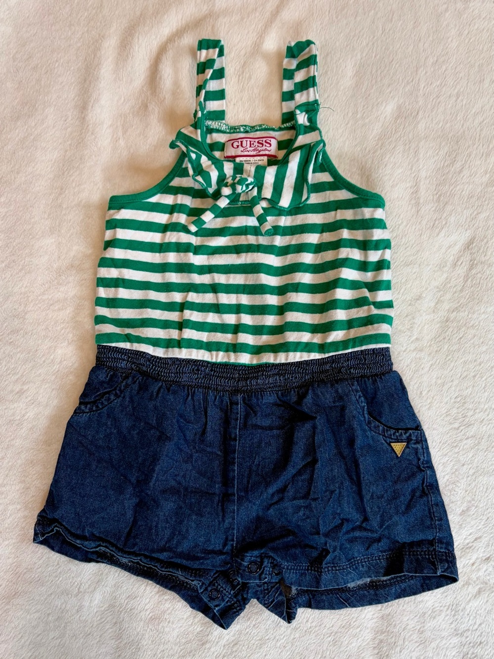 GUESS Green & White Striped Tank Romper with Navy Shorts